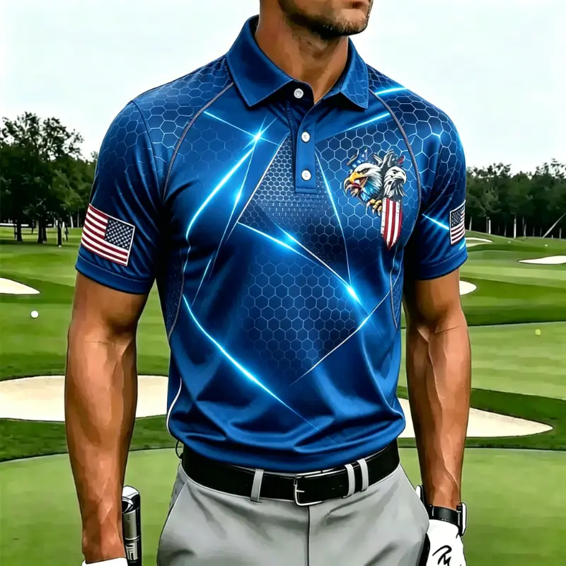 Men's Hexagon Pattern Blue Light Line USA Flag Eagle Print Short Sleeve Golf Polo Shirt