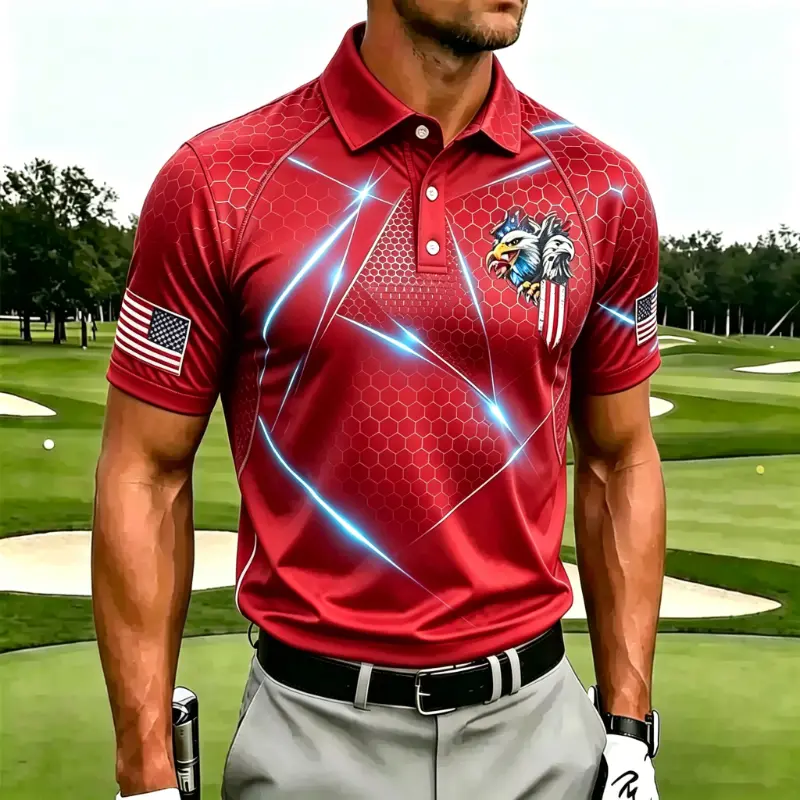 Men's Hexagon Pattern Blue Light Line USA Flag Eagle Print Short Sleeve Golf Polo Shirt