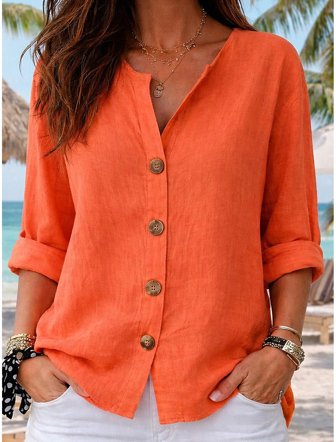 Women's Casual Button Front Relaxed Fit V-Neck Roll-Up Sleeve Blouse
