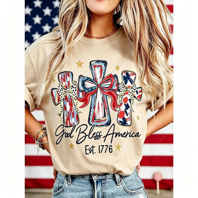 Distressed Mineral Wash Faith Patriotic Cross Gold Star Ladies Summer Top