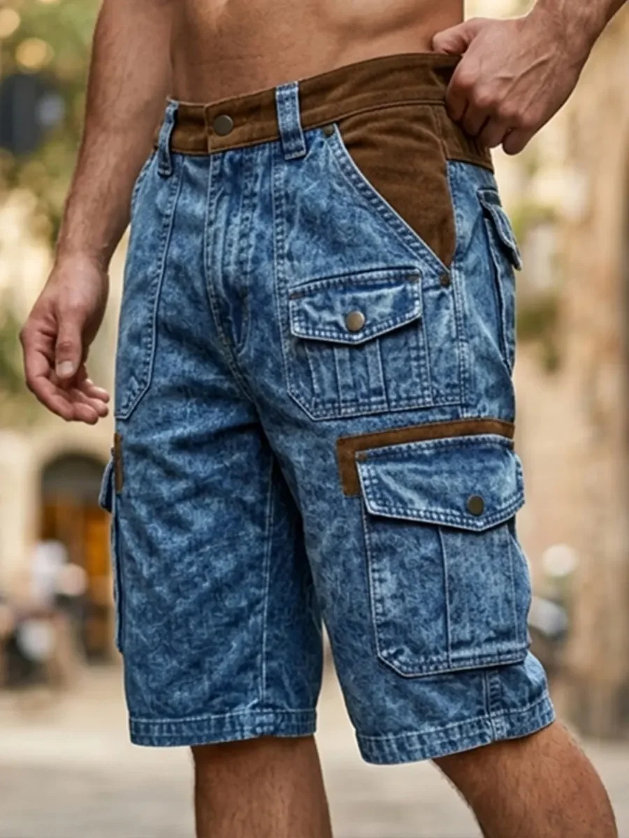 Relaxed Fit Distressed Denim Utility Cargo Shorts with Flap Side Pockets for Men