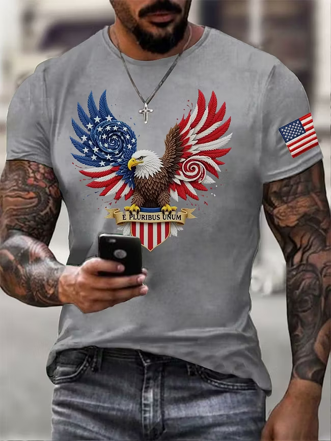 Men's Swirl Star Stripe Wing Bald Eagle E Pluribus Unum Sleeve Flag Crew Neck Tee