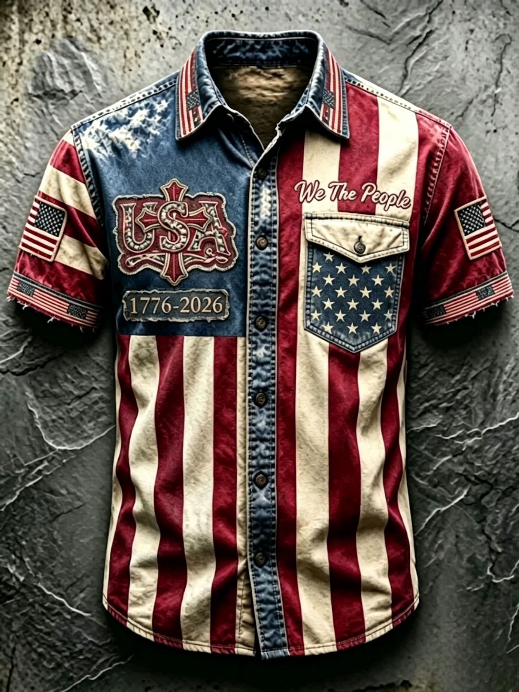 Men Vintage We The People USA Cross Star Striped Flag Short Sleeve Denim Shirt
