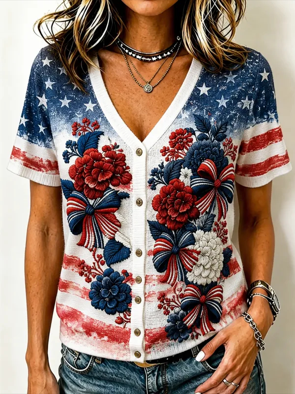 Women's Star Stripe Floral Bow Print V-Neck Short Sleeve Knit Cardigan