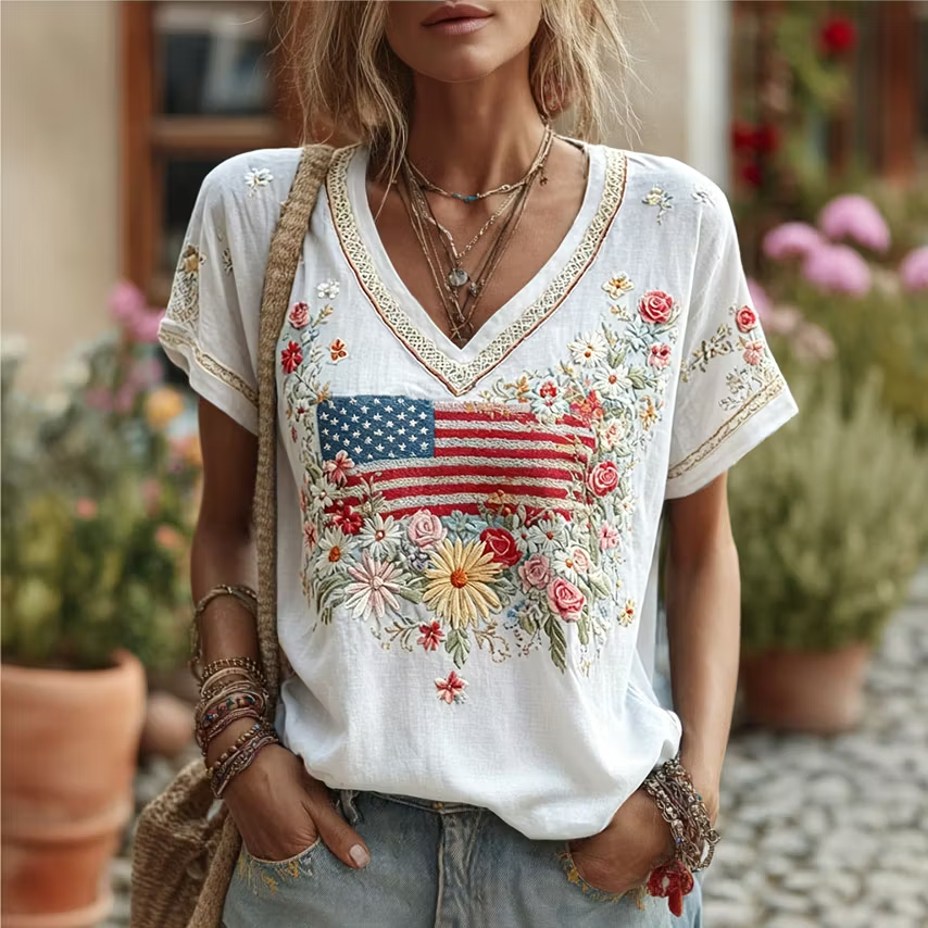 Ombre Gradient Denim Red Floral Patriotic Graphic Loose Fit Ladies Top