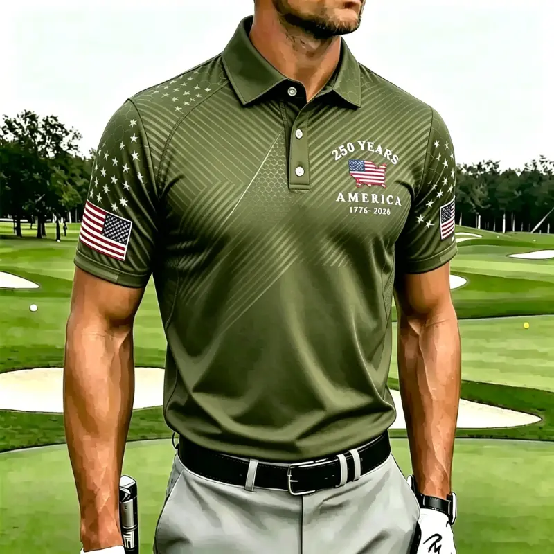 Men's 250 Years America Diagonal Star & Stripe Print Short Sleeve Polo Shirt