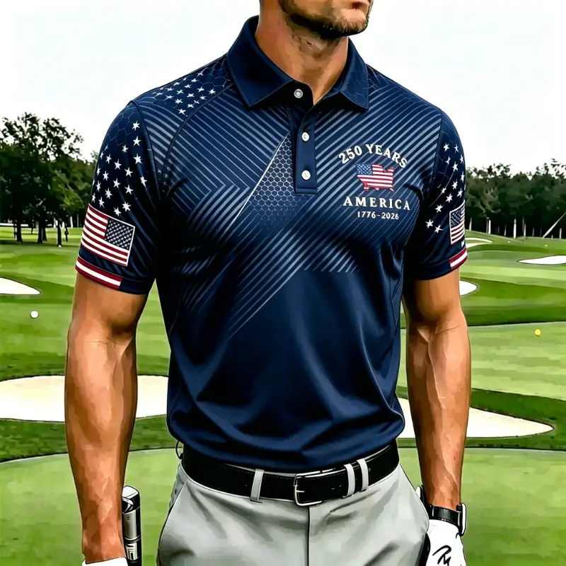 Men's 250 Years America Diagonal Star & Stripe Print Short Sleeve Polo Shirt