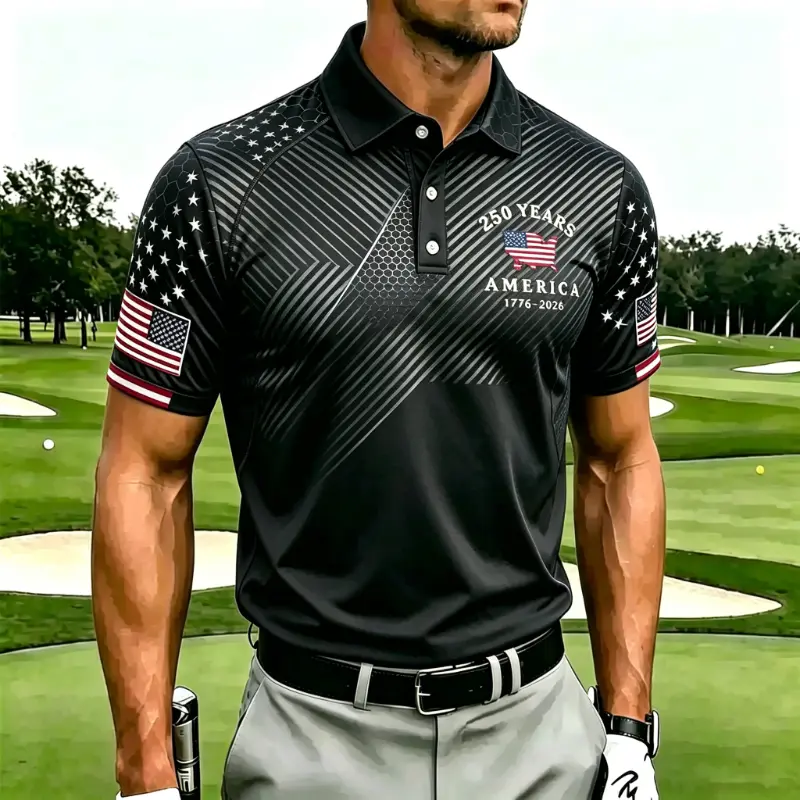 Men's 250 Years America Diagonal Star & Stripe Print Short Sleeve Polo Shirt