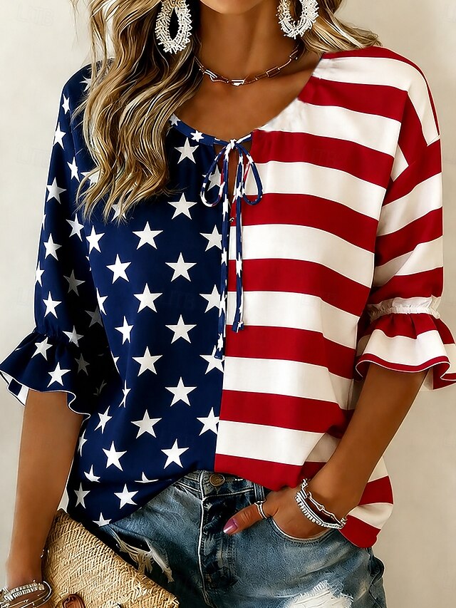 Women's Vintage Distressed American Flag Star Button Henley Ruffle Sleeve Top
