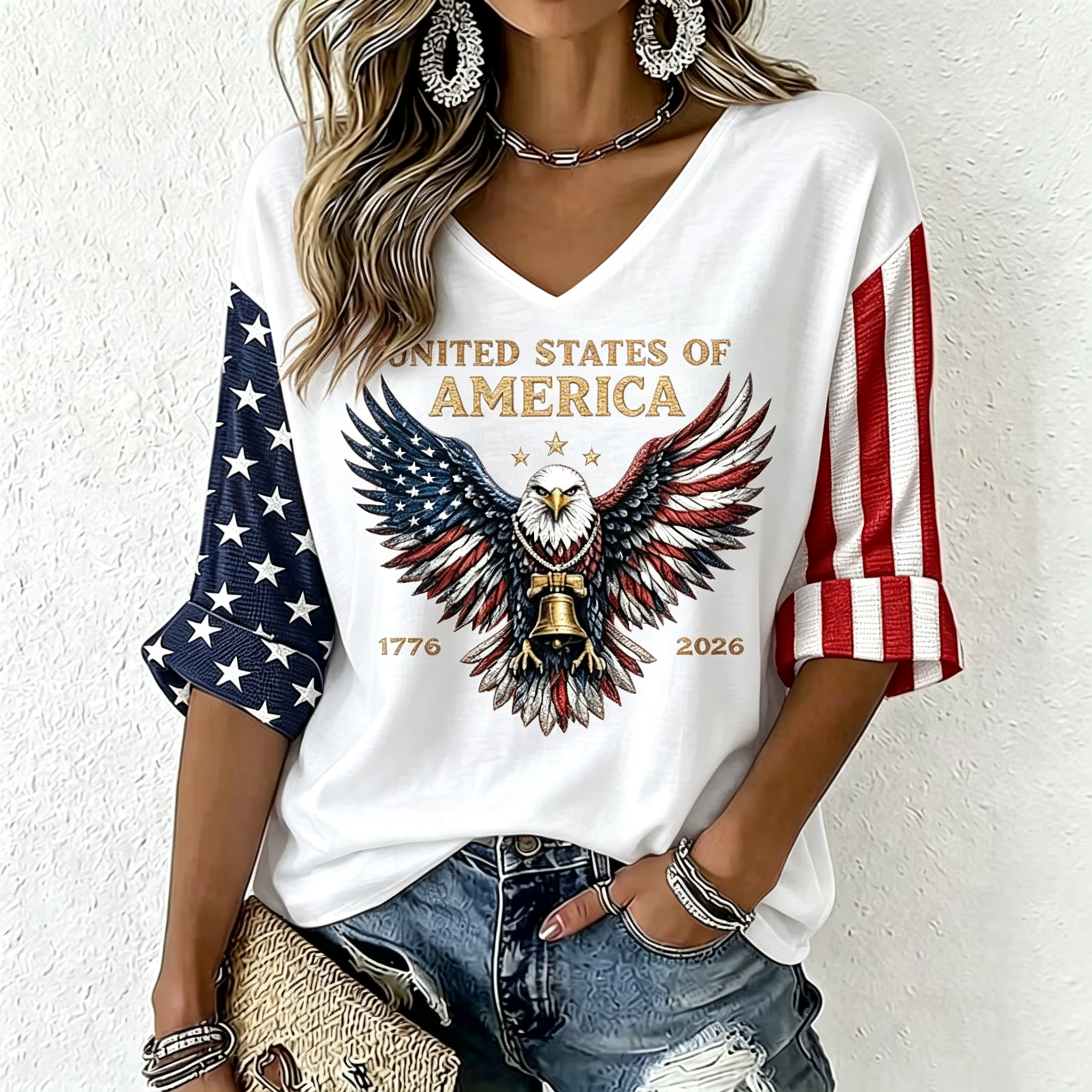 Retro Split Star Stripes Sleeve Bald Eagle Graphic V Neck Ladies Top