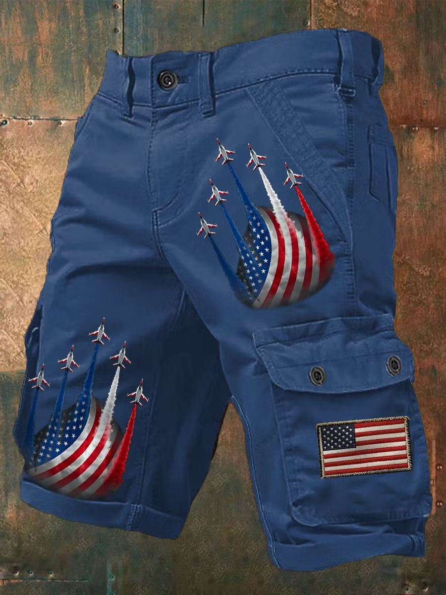 Men Patriotic Fighter Jet USA Flag Multi Pocket Casual Cargo Shorts
