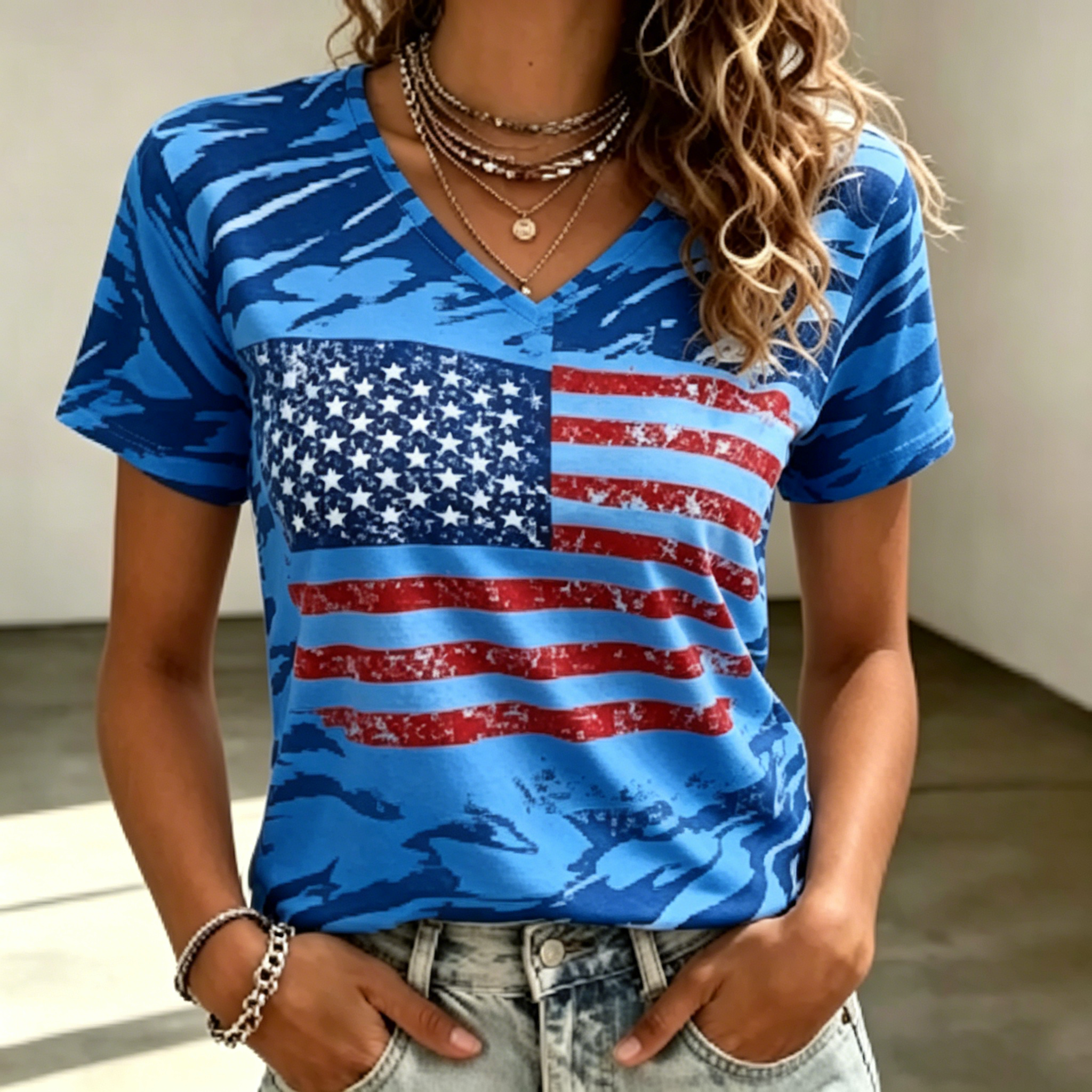 Women’s American Flag Print V-Neck T-Shirt, Casual Patriotic Short Sleeve Tee for Independence Day