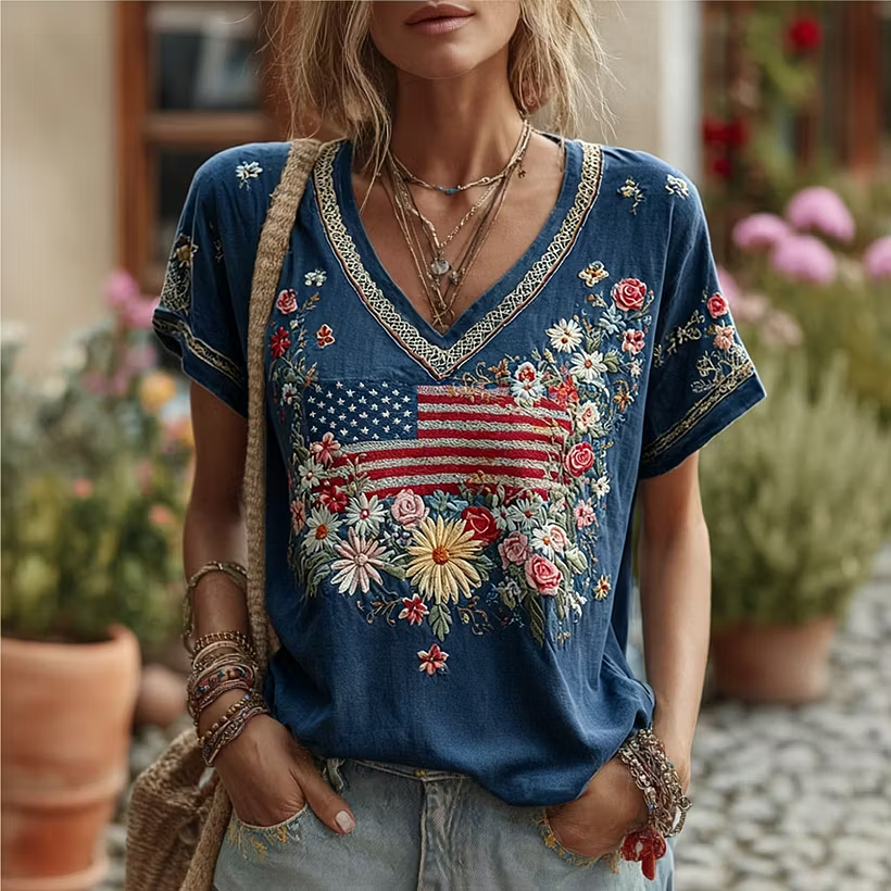 Ombre Gradient Denim Red Floral Patriotic Graphic Loose Fit Ladies Top