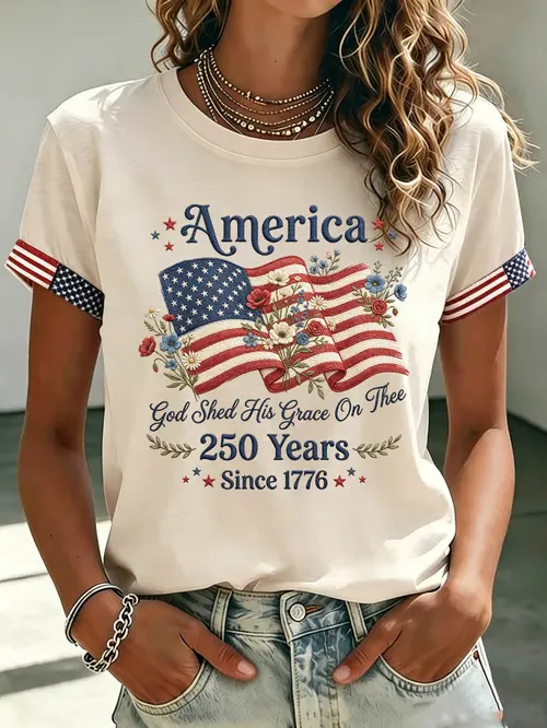 Women Floral American Flag 250 Years Patriotic Short Sleeve Crew Neck T-Shirt