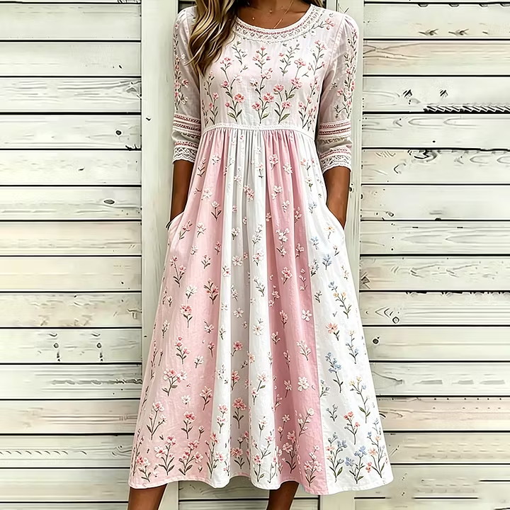 Women Flowy Tiered Floral Patchwork Casual Midi Dress with Side Pockets