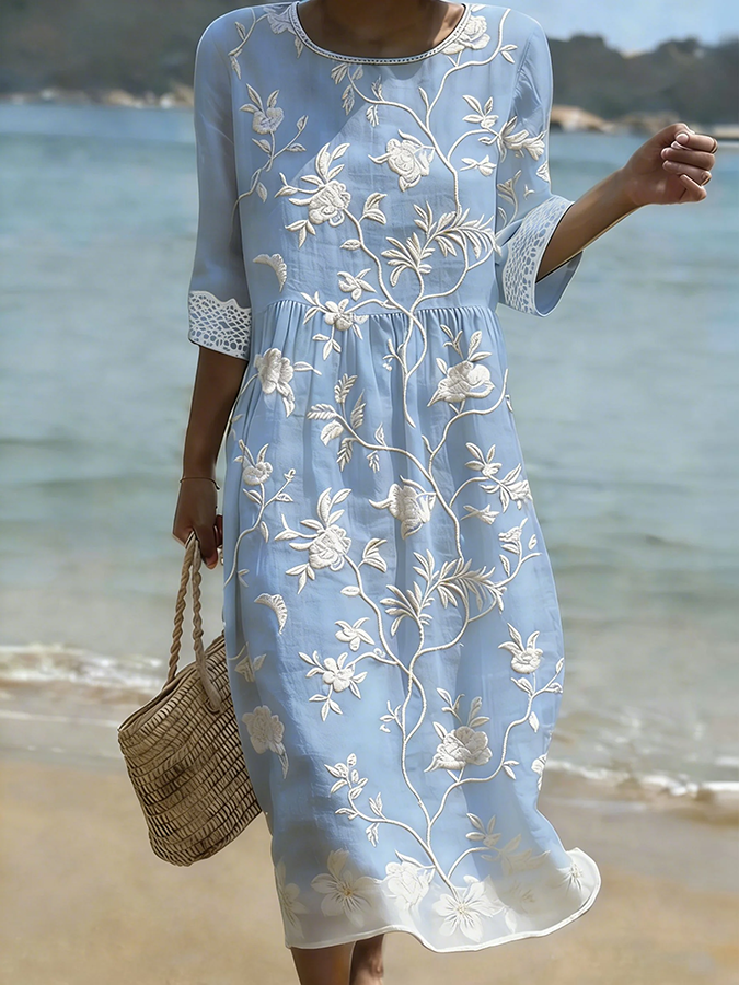 Women Floral Embroidery 3/4 Sleeve Midi Dress With Lace Cuffs