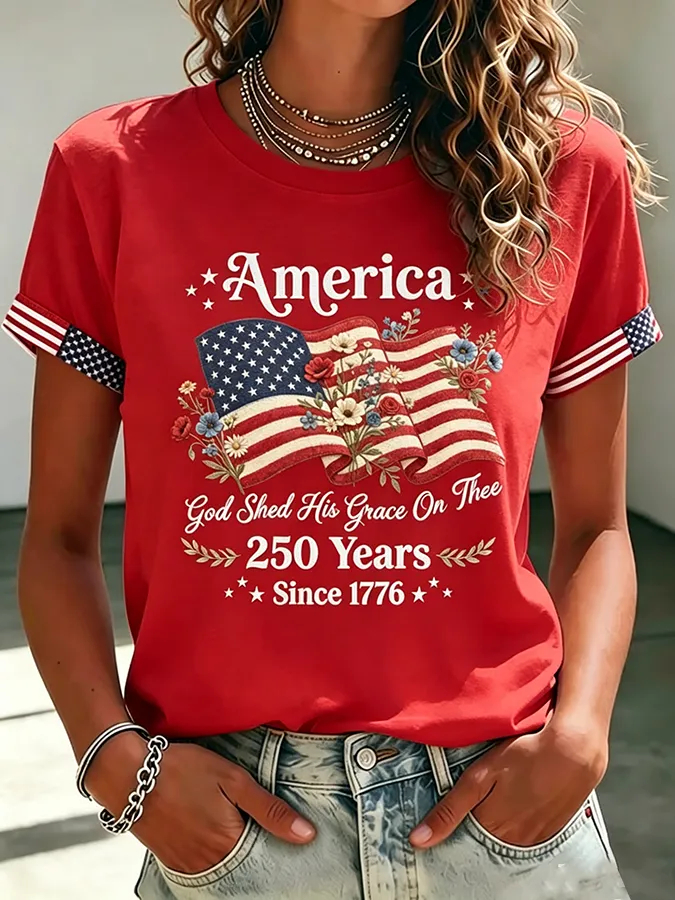 Women Floral American Flag 250 Years Patriotic Short Sleeve Crew Neck T-Shirt