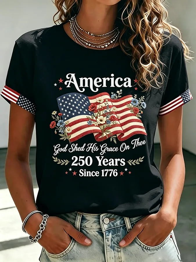 Women Floral American Flag 250 Years Patriotic Short Sleeve Crew Neck T-Shirt