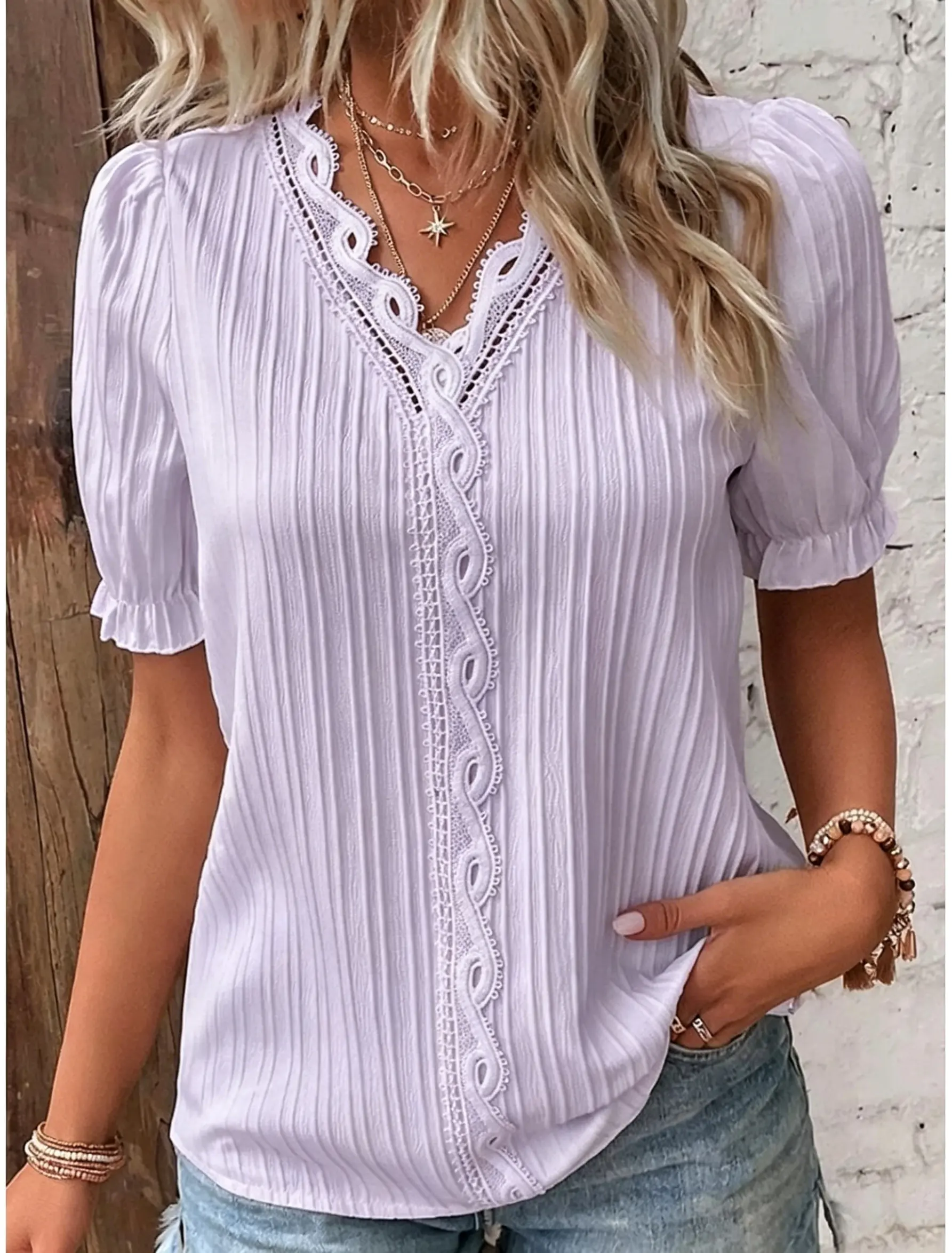 Women's Elegant Lace Trim V-Neck Short Sleeve Blouse – Casual Chic Style