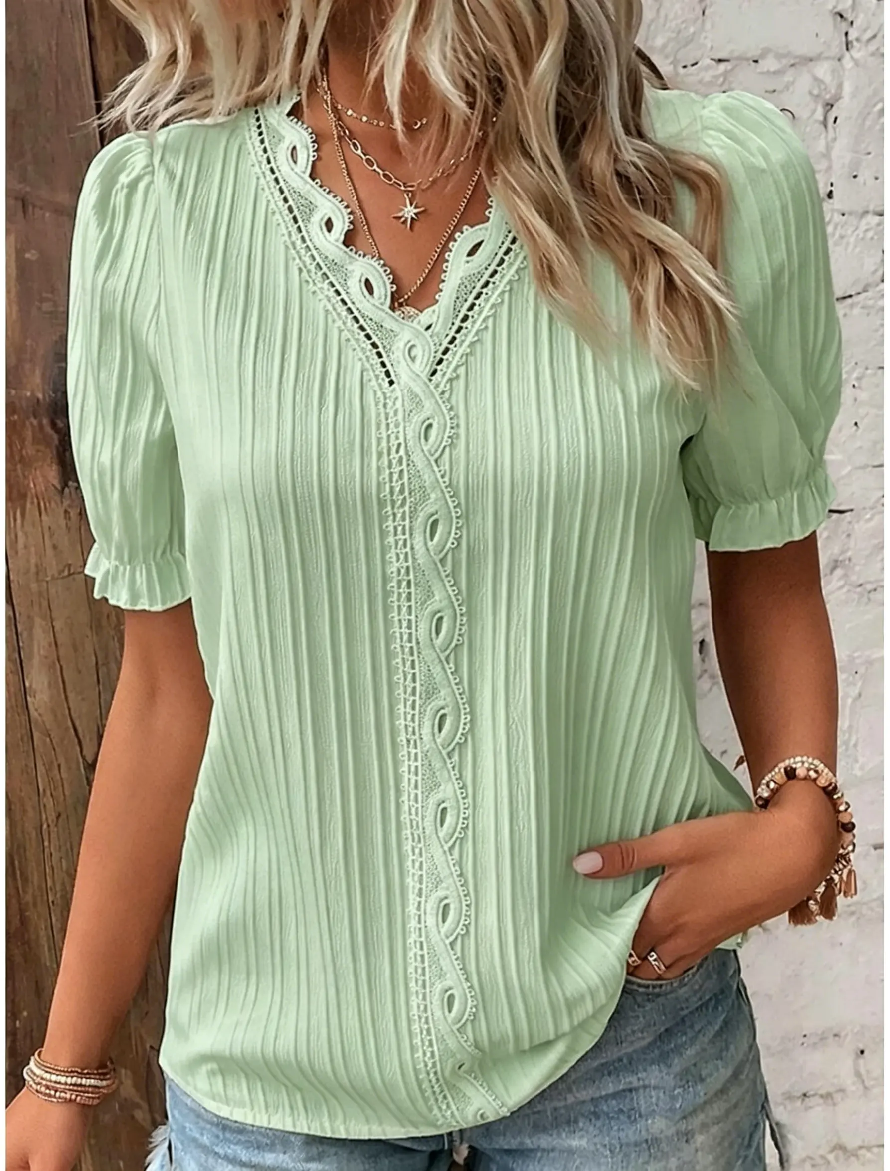 Women's Elegant Lace Trim V-Neck Short Sleeve Blouse – Casual Chic Style