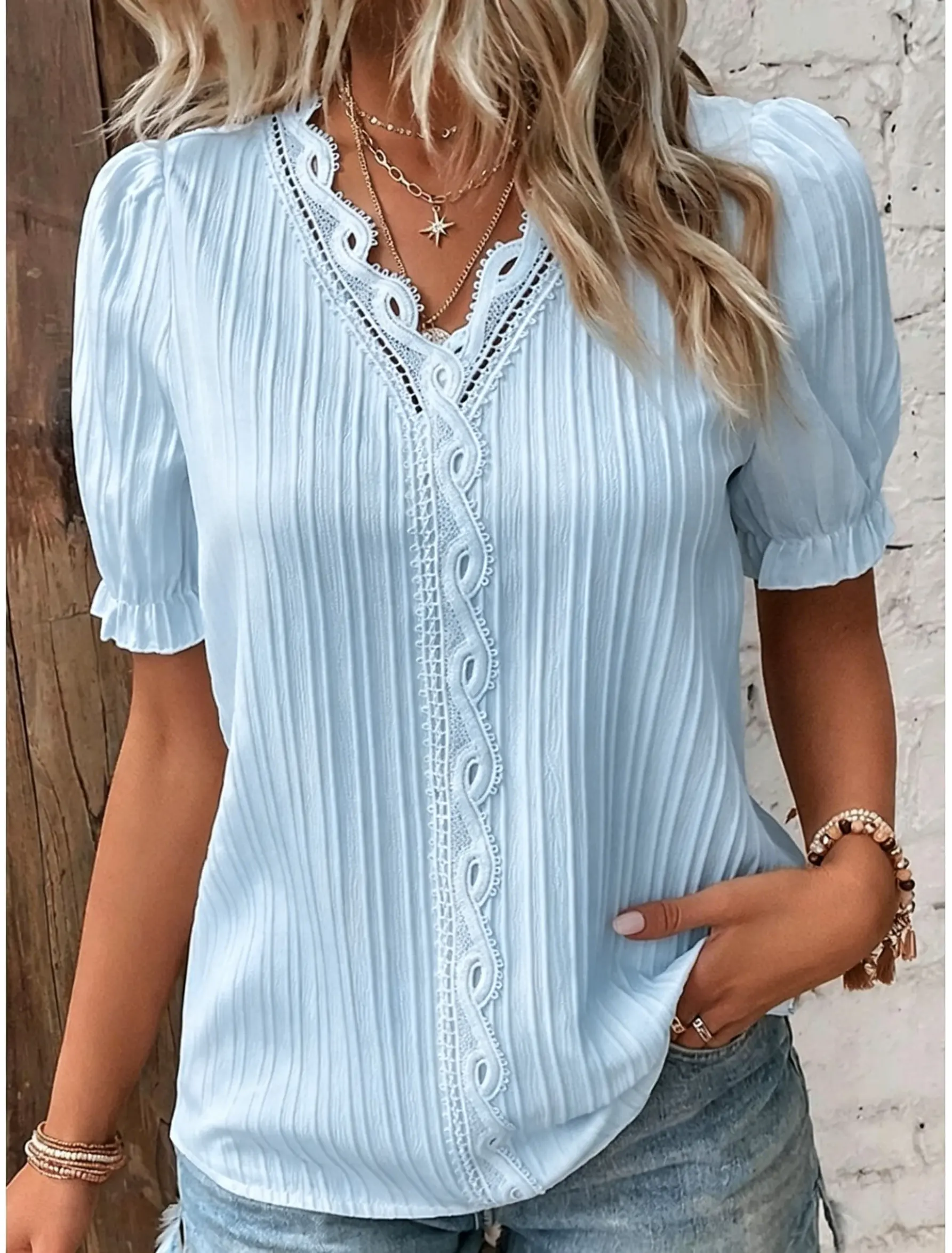 Women's Elegant Lace Trim V-Neck Short Sleeve Blouse – Casual Chic Style