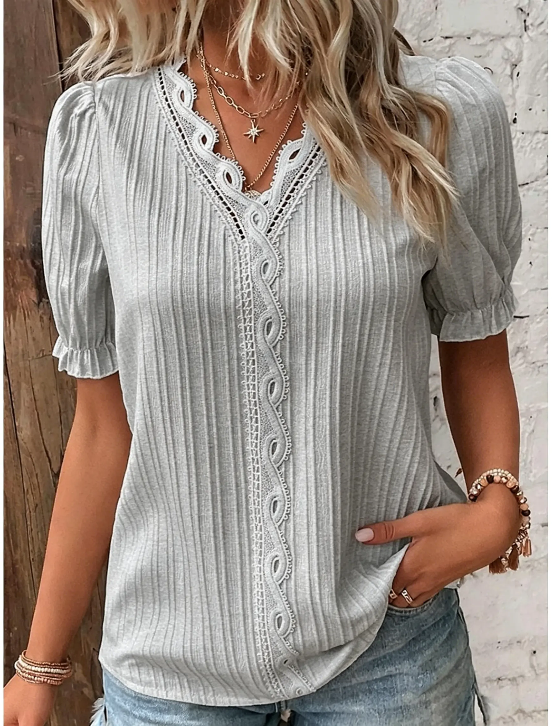 Women's Elegant Lace Trim V-Neck Short Sleeve Blouse – Casual Chic Style