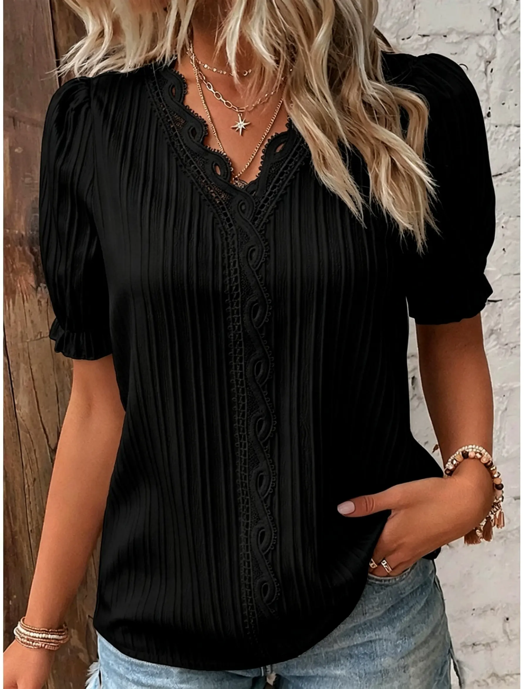 Women's Elegant Lace Trim V-Neck Short Sleeve Blouse – Casual Chic Style