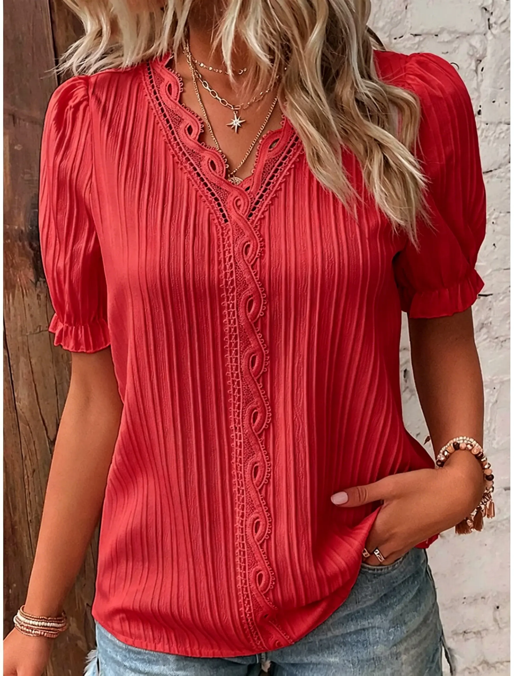 Women's Elegant Lace Trim V-Neck Short Sleeve Blouse – Casual Chic Style