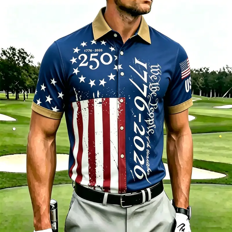 Men's Vintage Distressed USA Flag 250th Anniversary Short Sleeve Polo