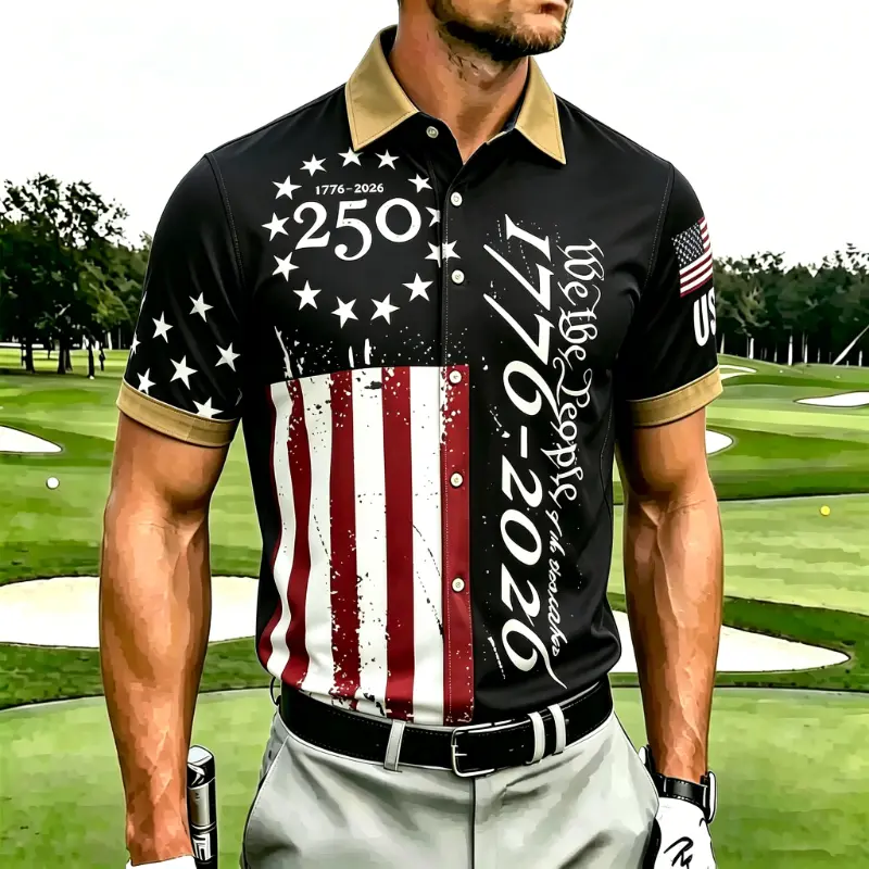 Men's Vintage Distressed USA Flag 250th Anniversary Short Sleeve Polo