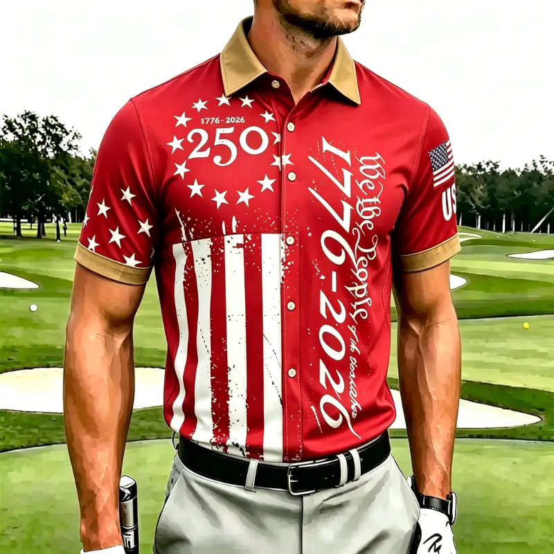 Men's Vintage Distressed USA Flag 250th Anniversary Short Sleeve Polo
