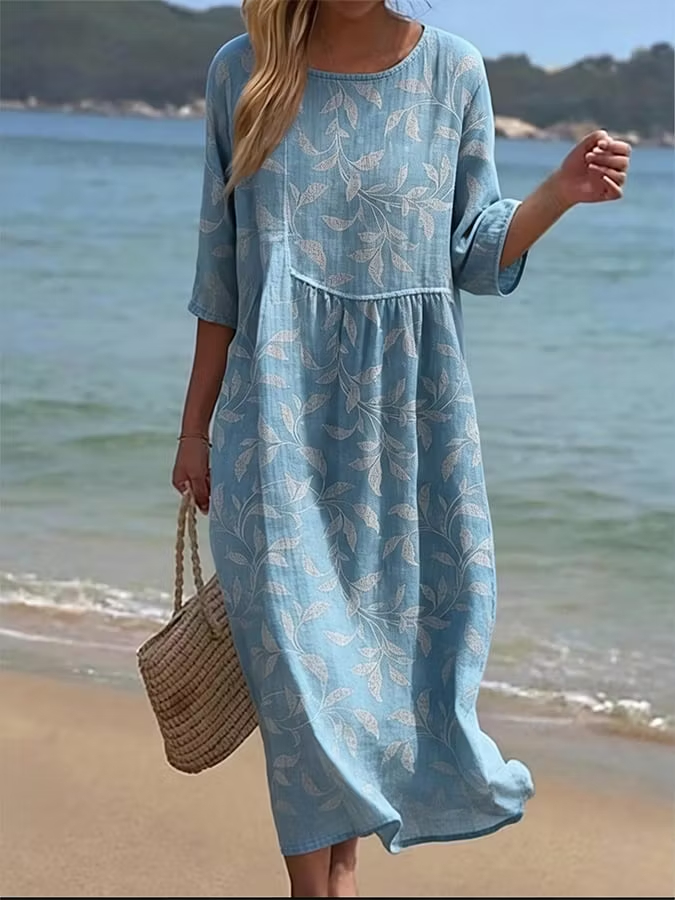 Casual Oversized Round Neck Leaf Pattern Vacation Sundress For Ladies