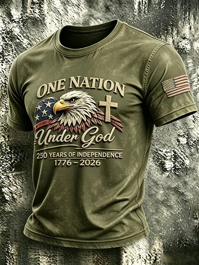 Men's One Nation Under God Bald Eagle Cross Vintage Wash Patriotic Short Sleeve T-Shirt