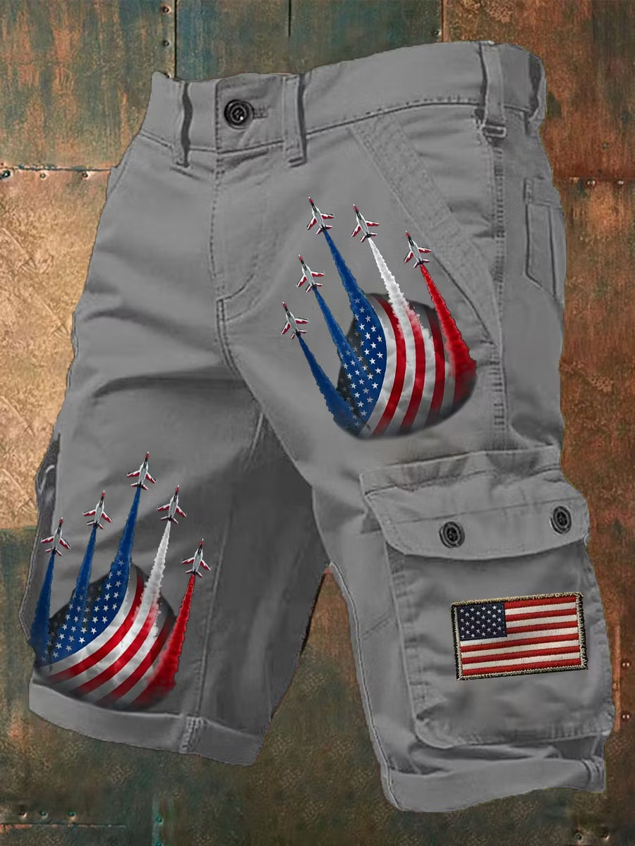 Men Patriotic Fighter Jet USA Flag Multi Pocket Casual Cargo Shorts