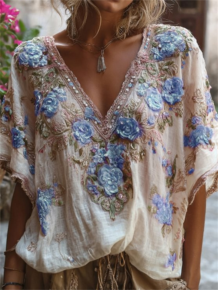 Women Vintage Floral Rhinestone Trim Oversized Casual Boho Summer Top