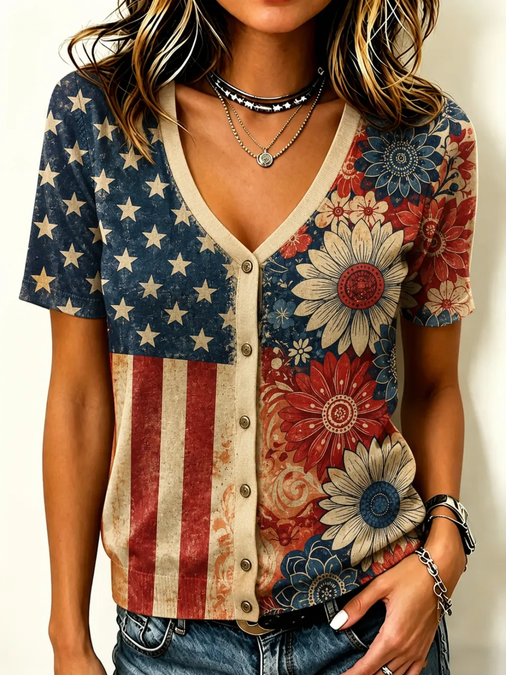 Women's Vintage Star Stripe Sunflower Floral V Neck Button Down Knit Top