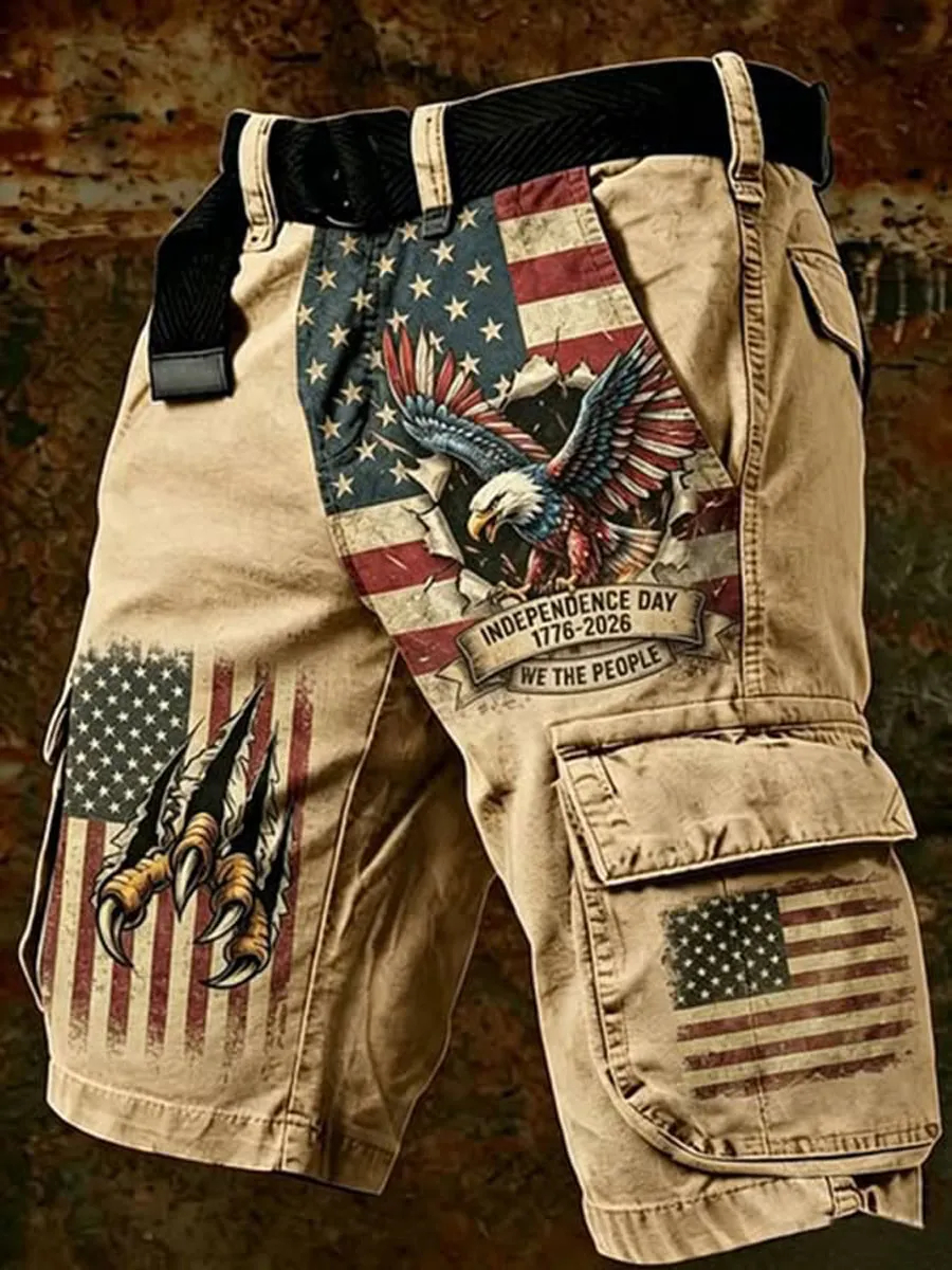 Vintage Wash Tactical Multi Pocket Patriotic Themed Knee Length Cargo Shorts