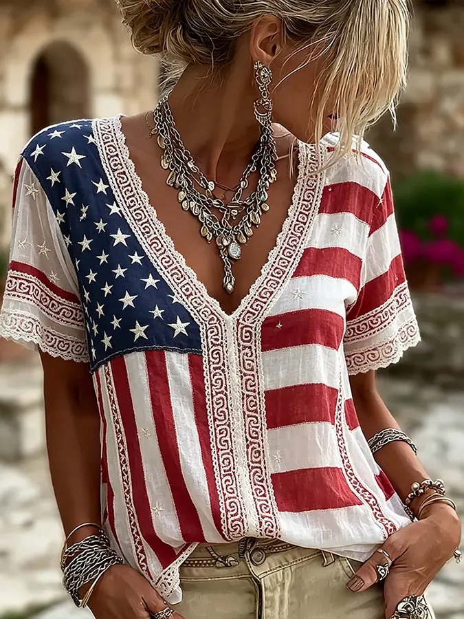 Women’s Boho American Flag Lace Trim V-Neck Blouse, Patriotic Short Sleeve Top