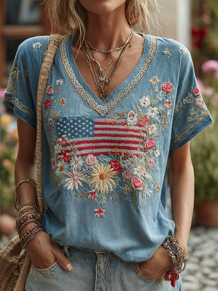 Ombre Gradient Denim Red Floral Patriotic Graphic Loose Fit Ladies Top
