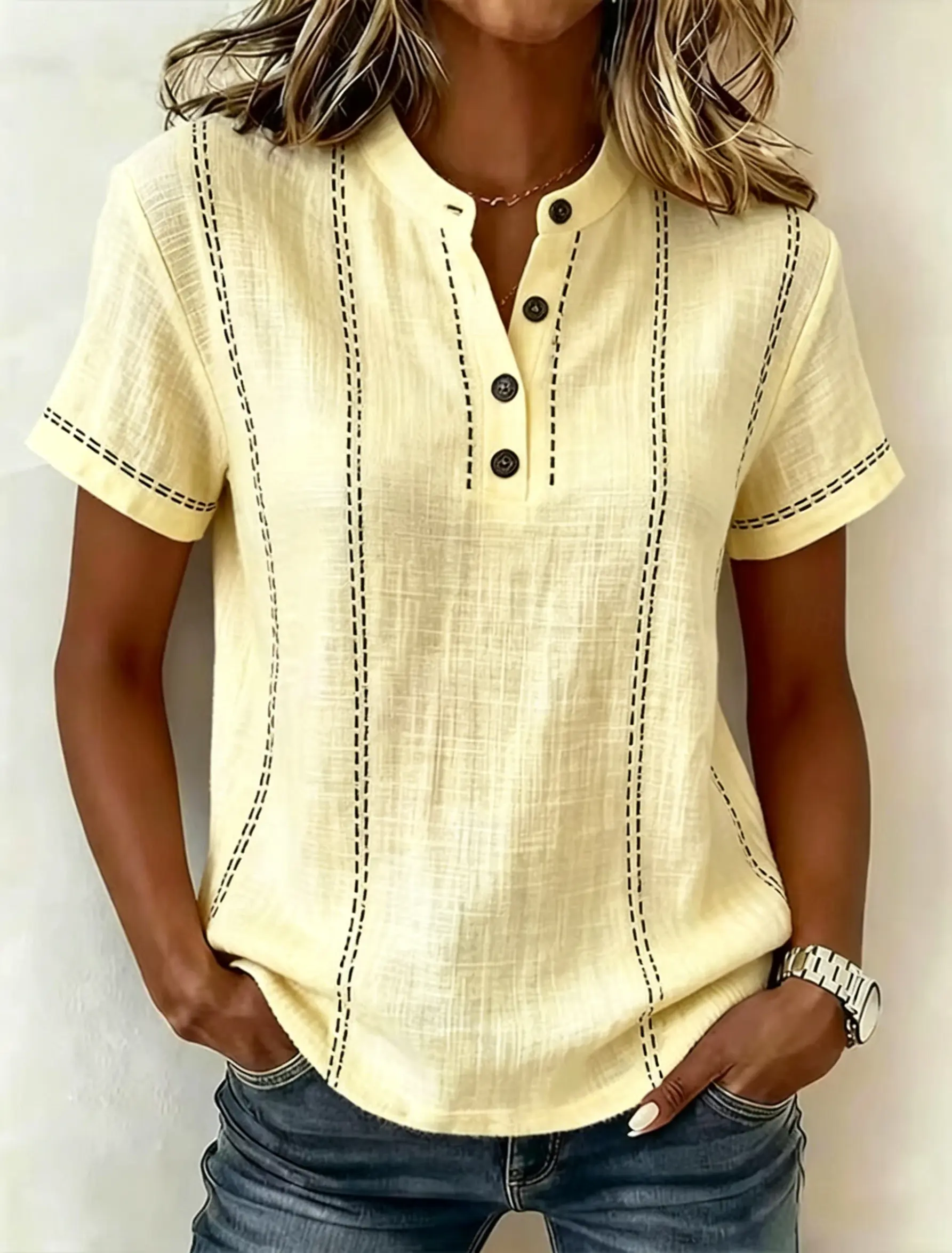 Women's Textured Fabric Contrast Stitch Half Placket Stand Collar Short Sleeve Blouse