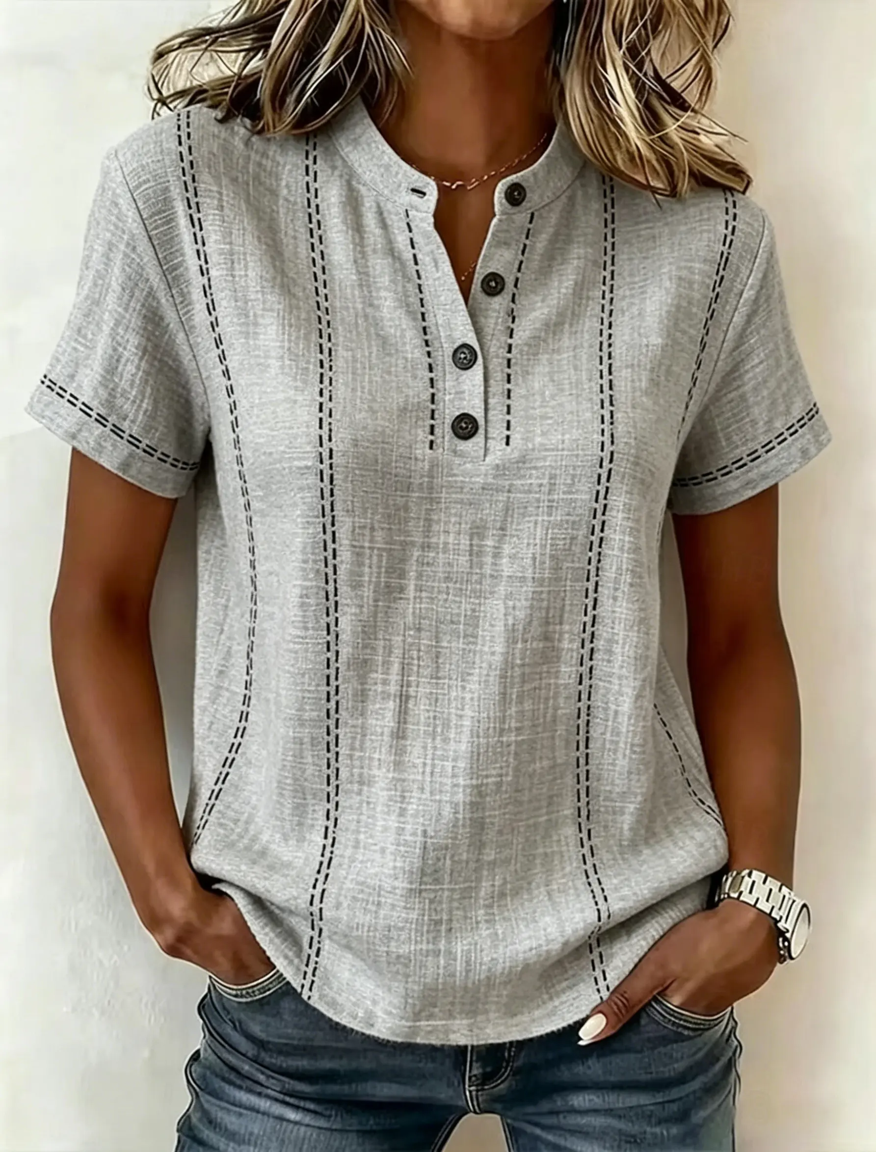 Women's Textured Fabric Contrast Stitch Half Placket Stand Collar Short Sleeve Blouse