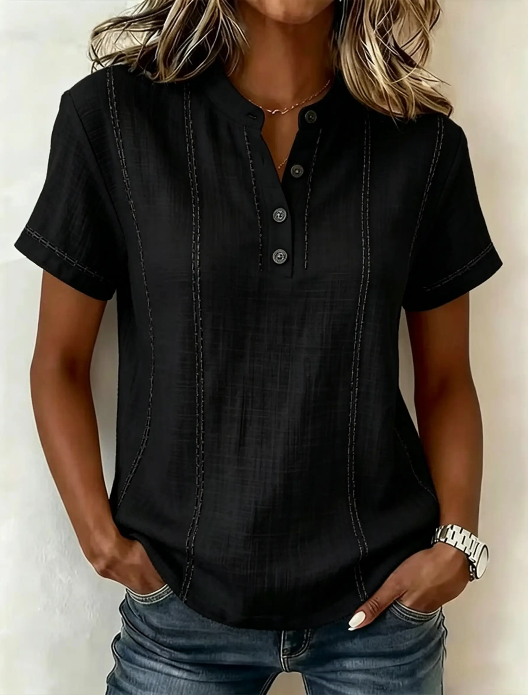 Women's Textured Fabric Contrast Stitch Half Placket Stand Collar Short Sleeve Blouse