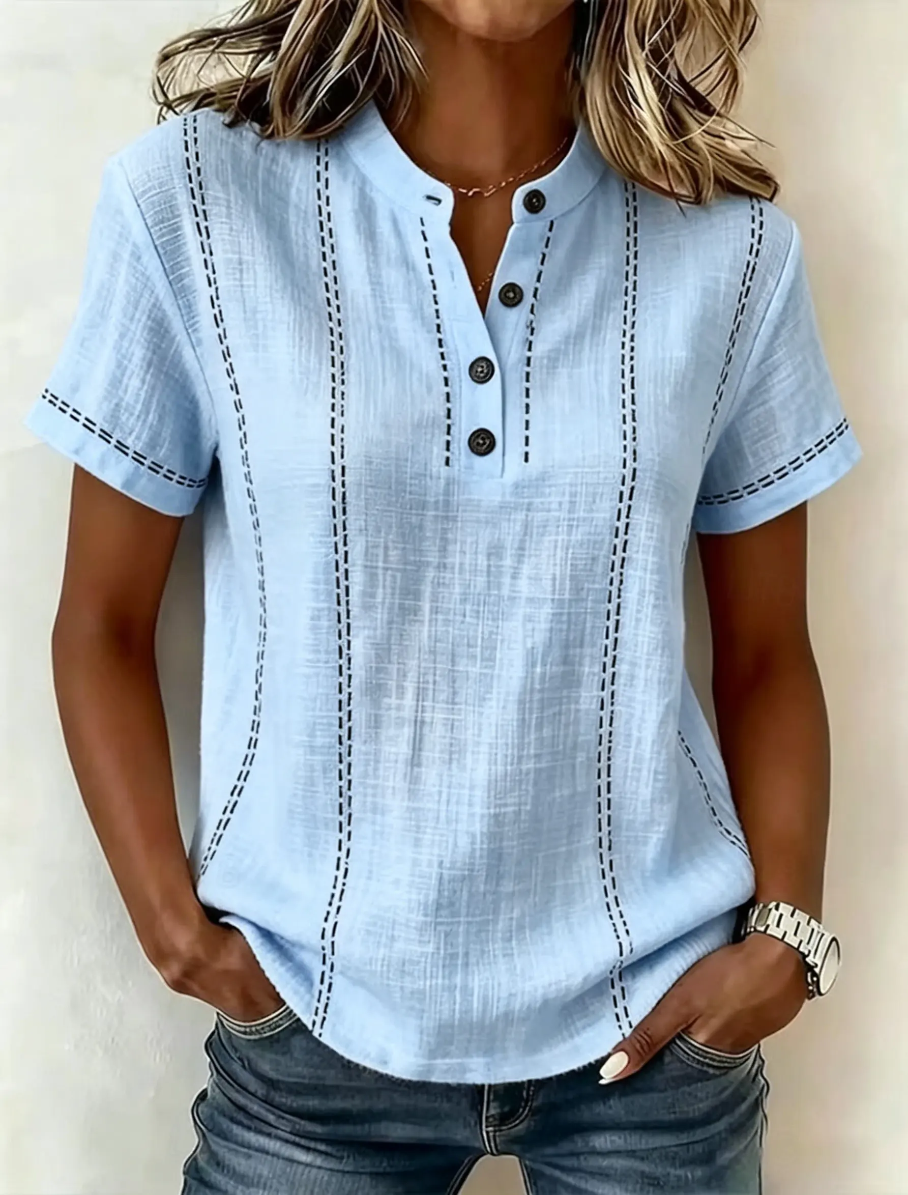 Women's Textured Fabric Contrast Stitch Half Placket Stand Collar Short Sleeve Blouse