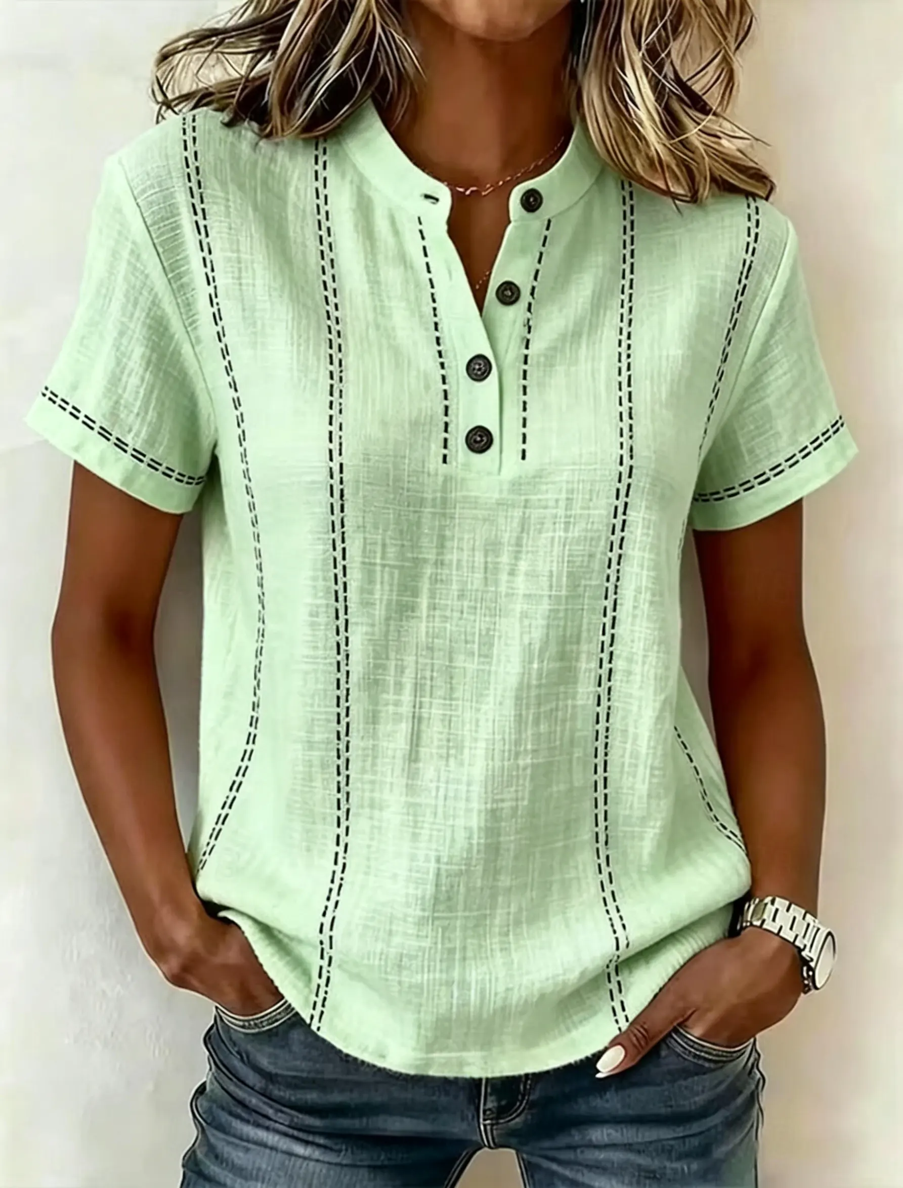 Women's Textured Fabric Contrast Stitch Half Placket Stand Collar Short Sleeve Blouse