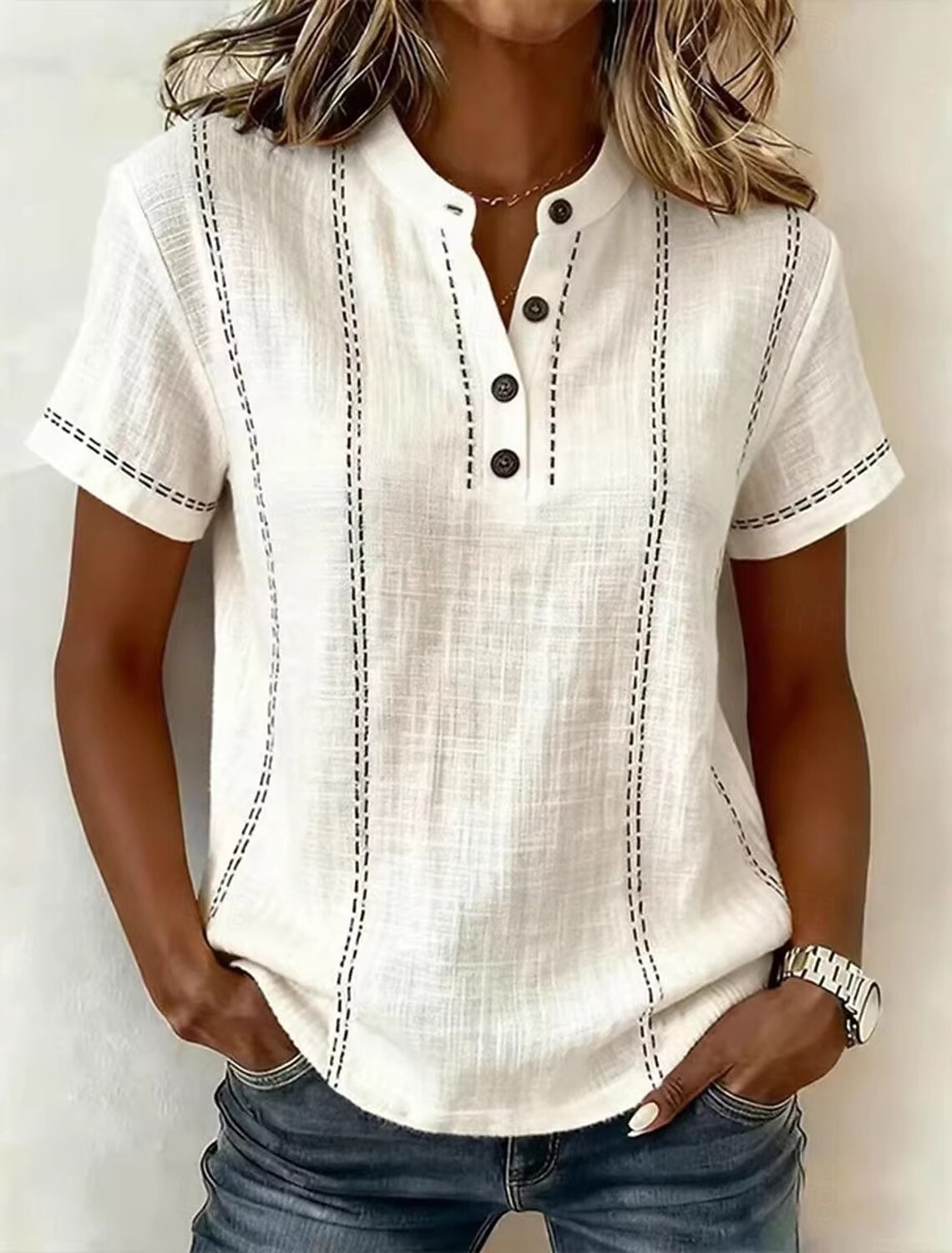 Women's Textured Fabric Contrast Stitch Half Placket Stand Collar Short Sleeve Blouse