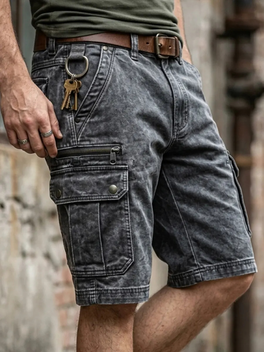 Rugged Denim Style Multi Pocket Casual Shorts