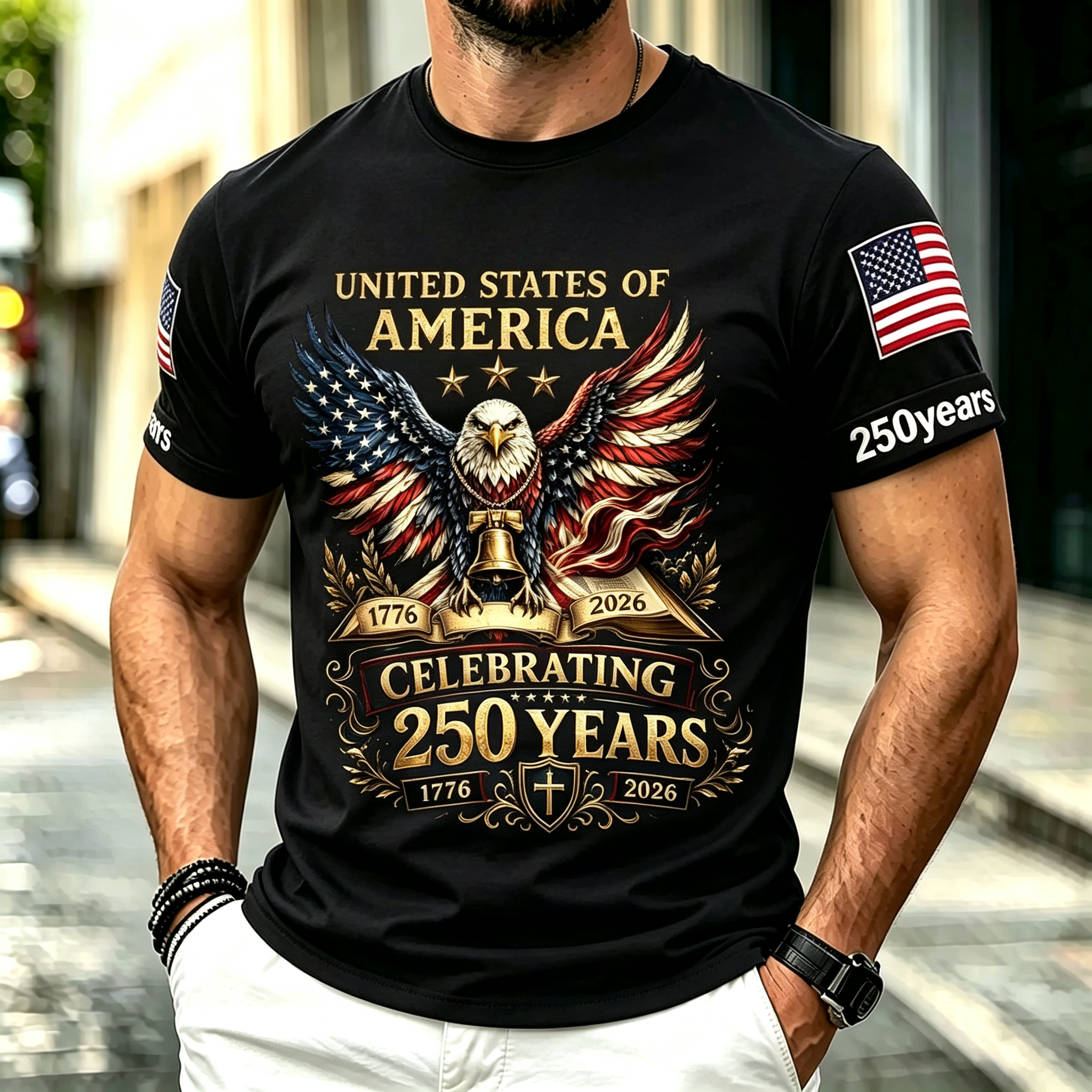 Retro Patriotic Eagle Wing American Flag Sleeve Print Men's Casual Short Sleeve Top