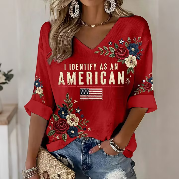 Women's I Identify As An American Floral USA Flag V Neck 3/4 Sleeve Waffle Top