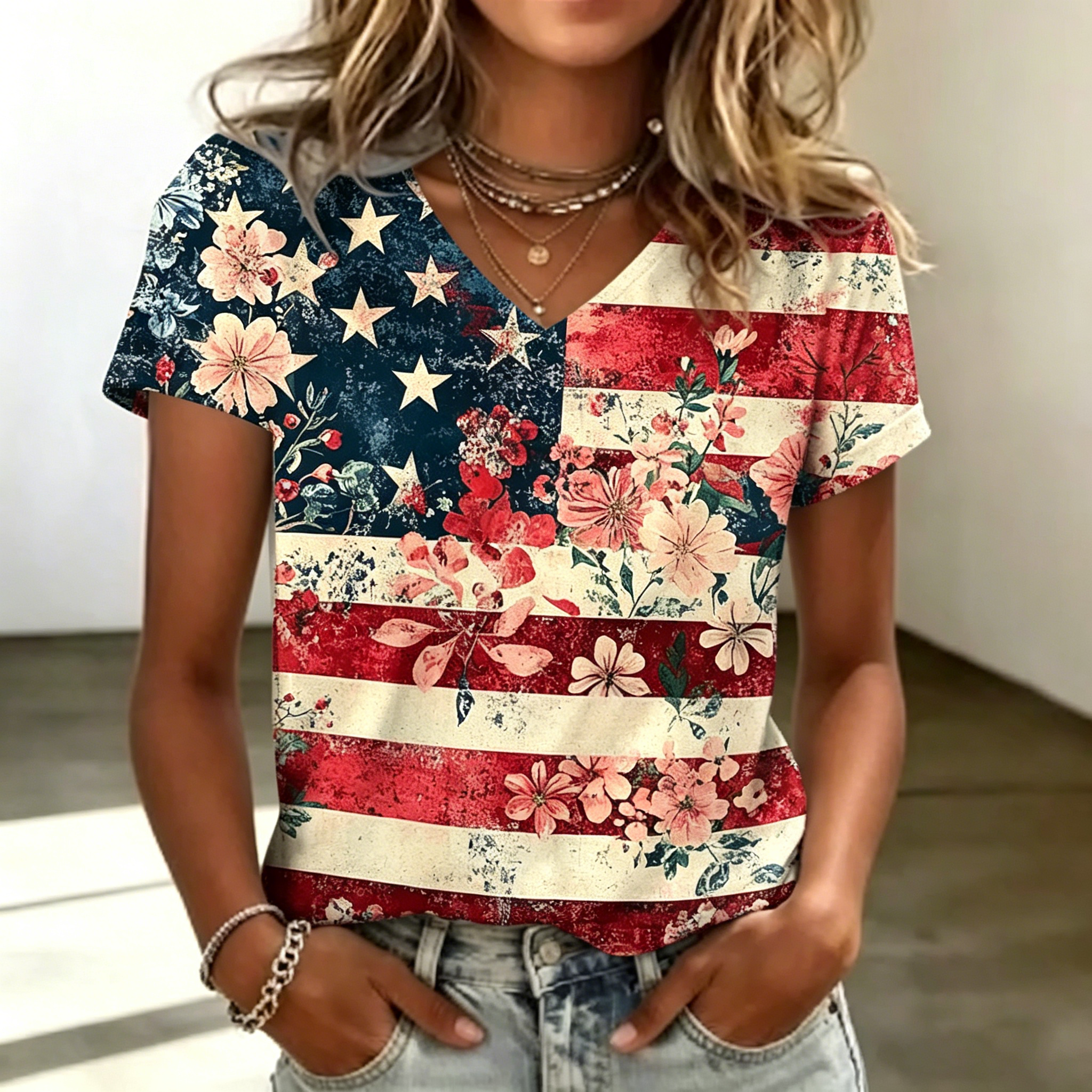Women’s Patriotic Graphic T-Shirt, Casual Short Sleeve Tee for Independence Day & Daily Wea