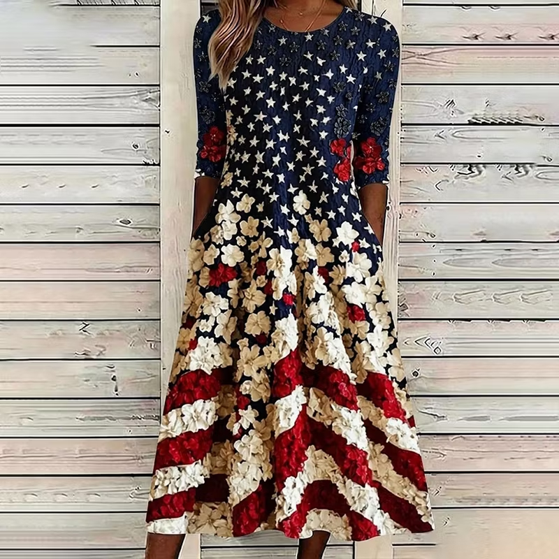 Women Round Neck 3/4 Sleeve Side Pocket Midi Dress Vintage American Star Flag Floral Print Loose Swing Patriotic 4th Of July Dress
